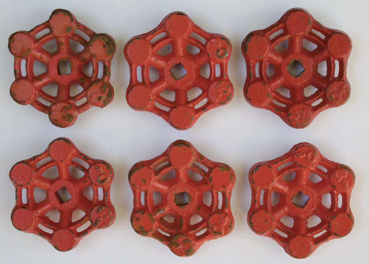 Free Shipping -  6  Red-orange color- Super Patina Steel Vintage Faucet  Handles-Funky Industrial Valve handles
