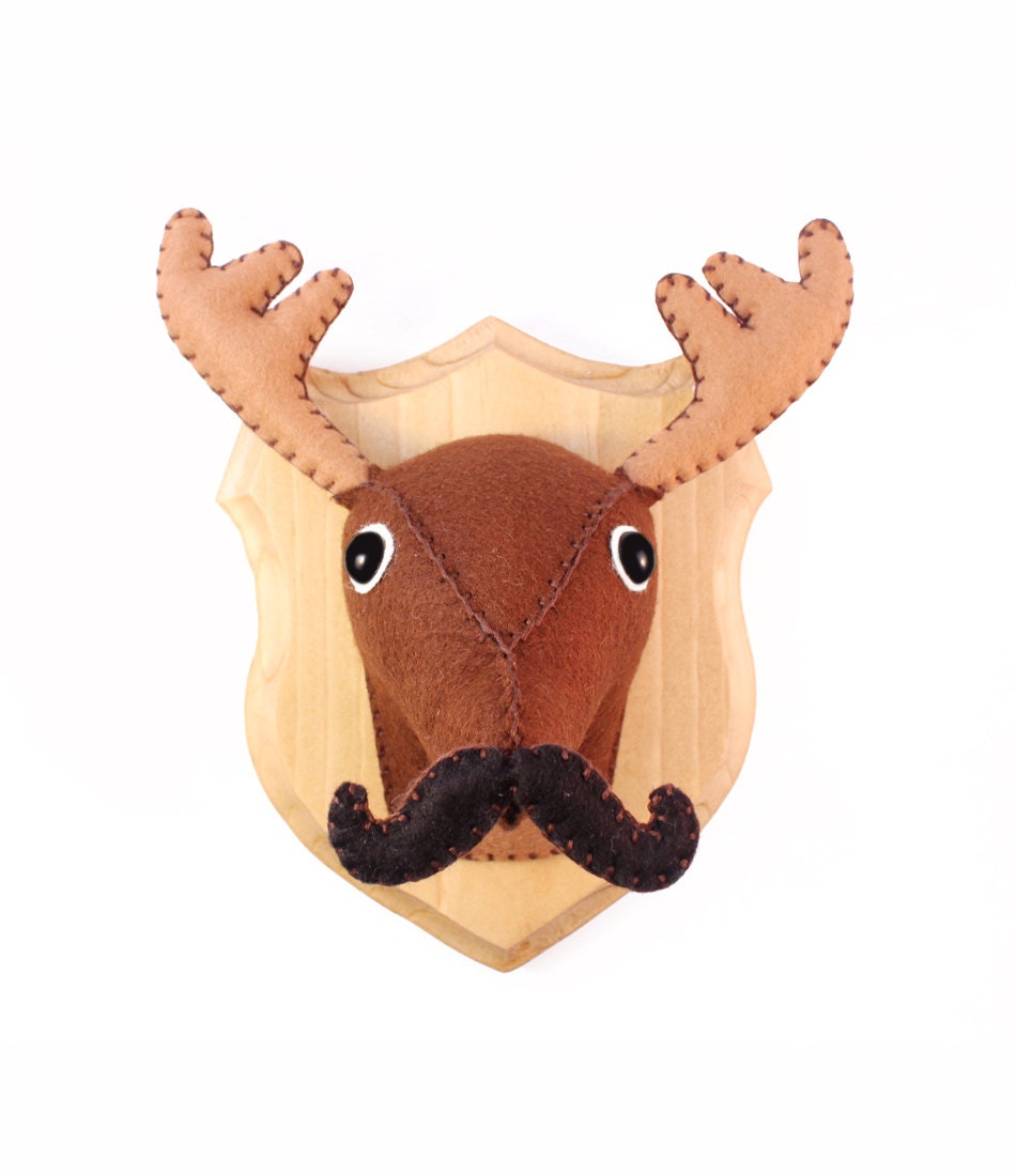 RESERVED - Small - Monsieur Mustache - Plush Brown Deer-Moose Faux Taxidermy Trophy