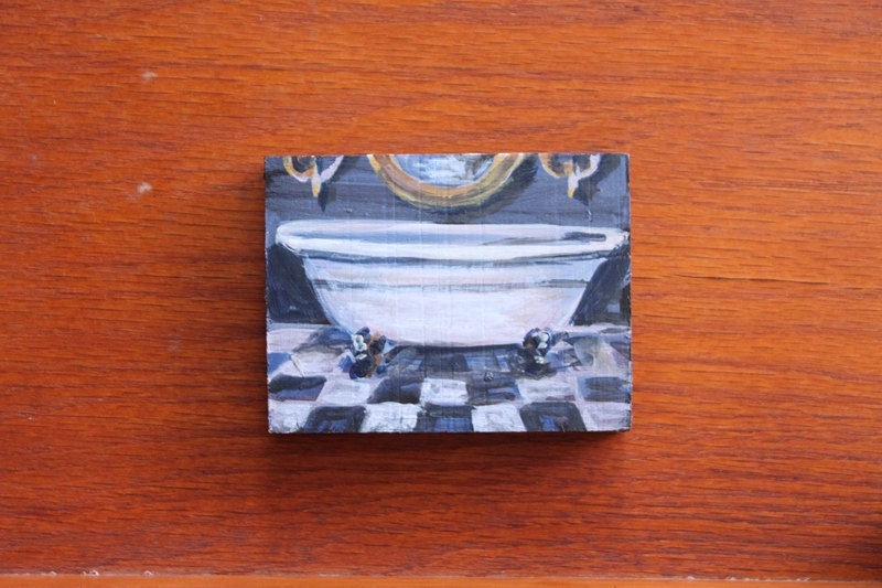 Bathroom White Bathtub mini original painting on wood panel 3 x 4 ''