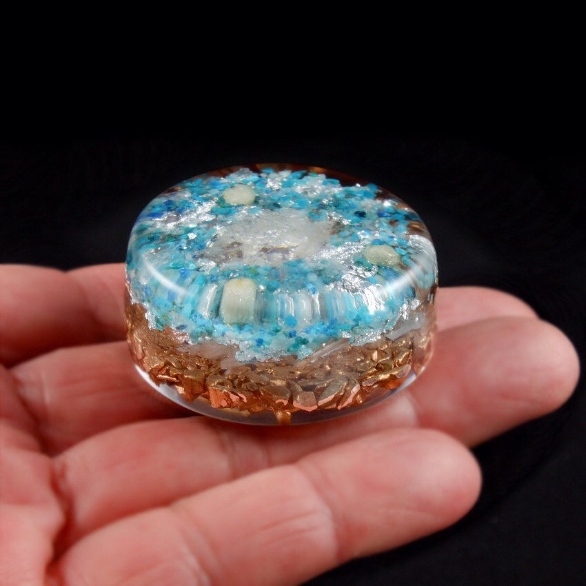 Chrysocolla Pocket Orgone Energy Generator. Tibetan Crystal, Rhodizite, Phenacite, Tourmaline, Selenite, Copper & Silver Leaf  (214)