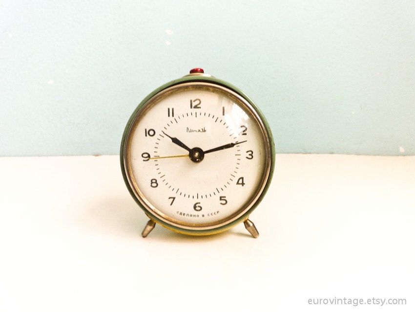 Vintage Alarm Clock Green Teal Manual Wind Russian