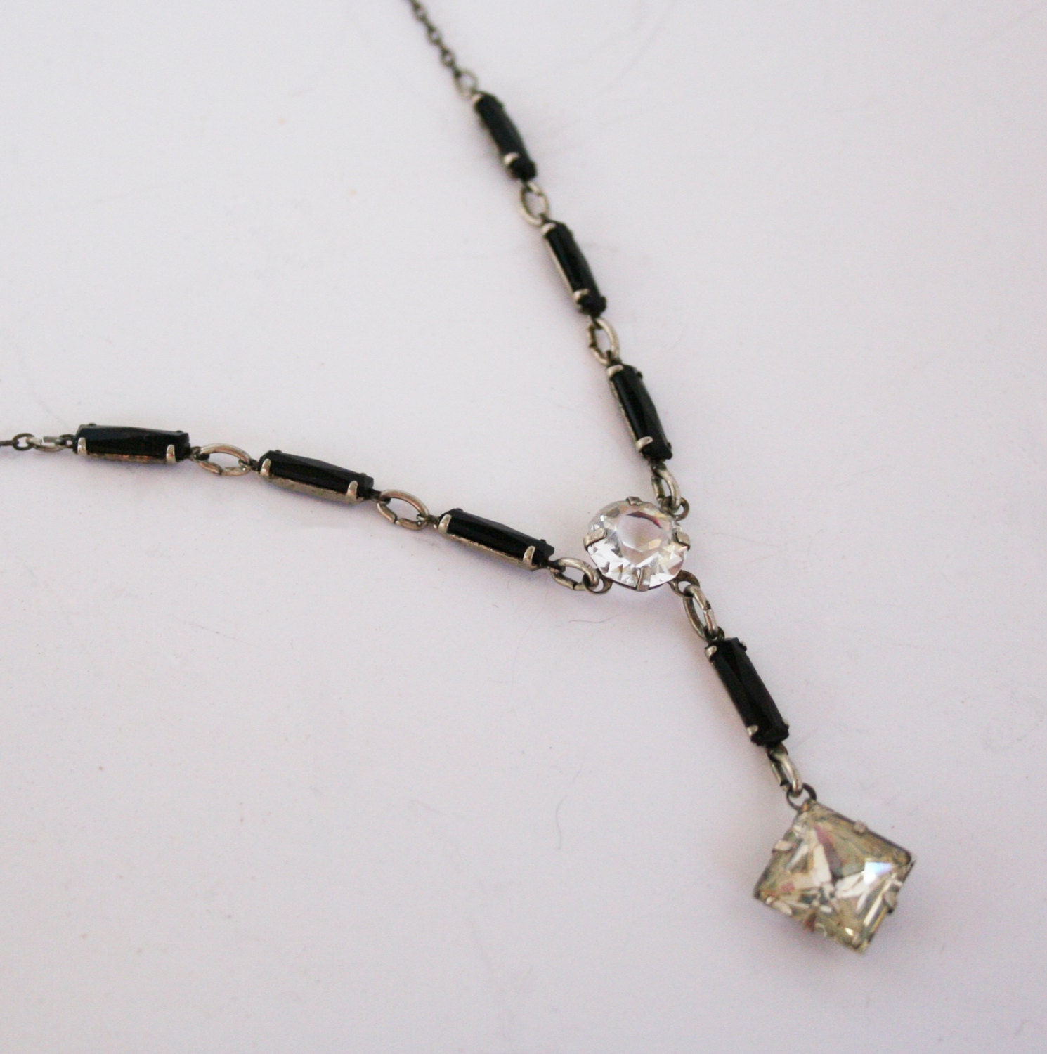 1930s Art Deco Necklace Black and White Rhinestones Open Back Choker