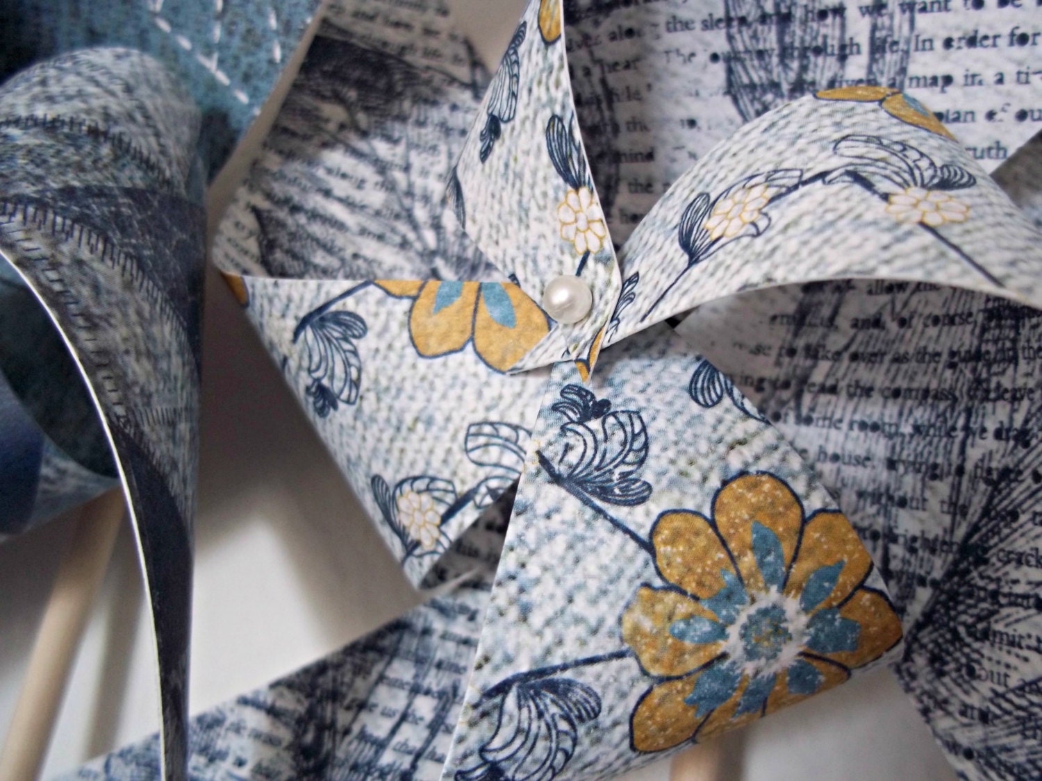Denim Blues & Spring Flowers. Handmade Paper Pinwheels. Blue, White, Yellow. Wedding or Home Decor (set of 6)