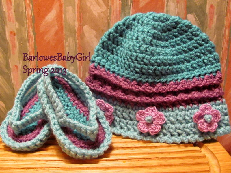 Buggs -  NEW Crochet Girl's Teal and Lilac Flower Brim Bucket Hat and Coordinating Flip Flop Sandals