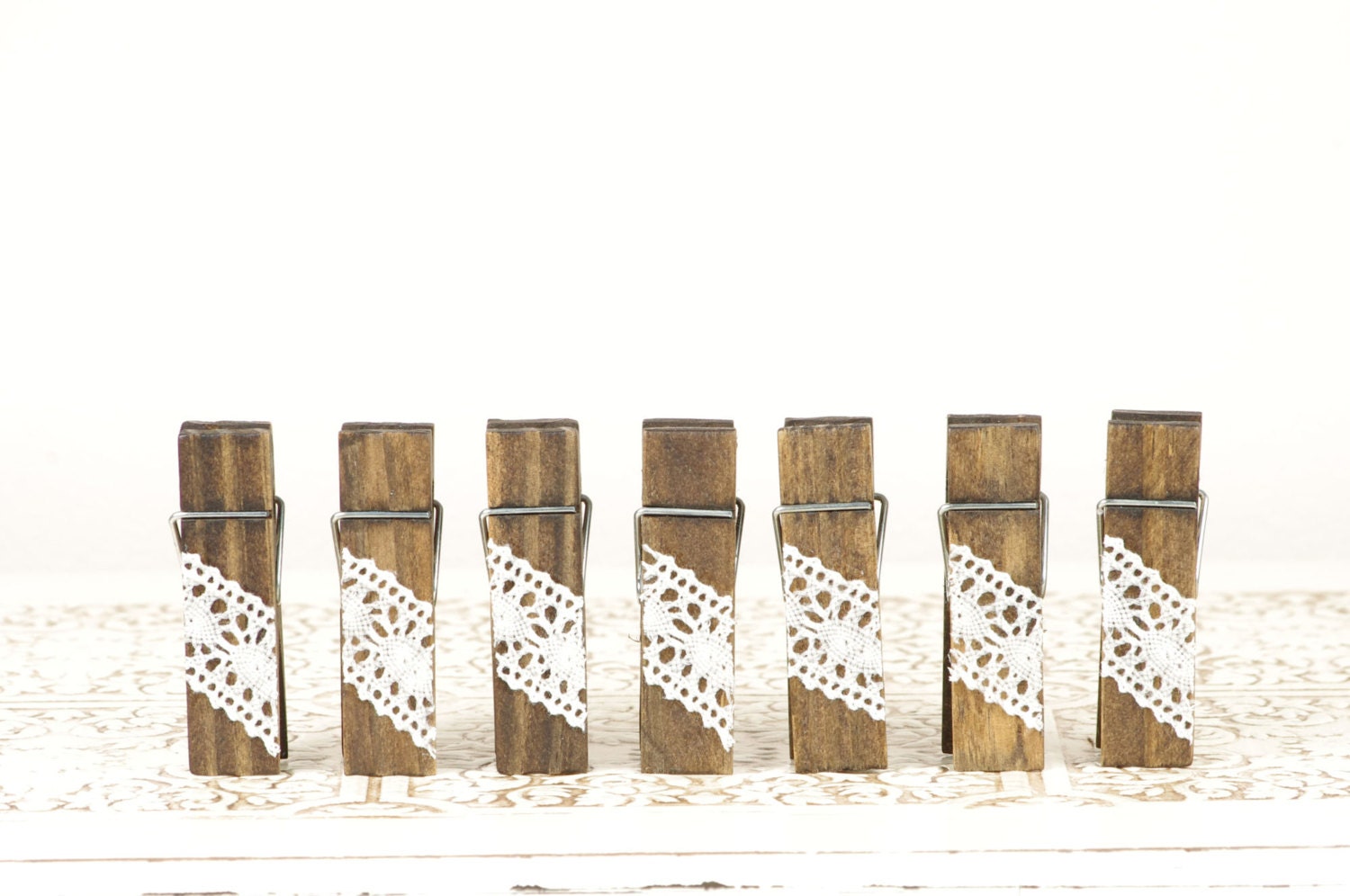 Set of 10 Small Wood Clothespins with Vintage Style Lace