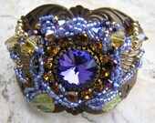 Purple Austrian Rivoli Crystal and Golden Rhinestones Beaded Luxury Cuff 60 X 45mm