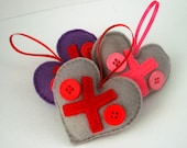 3 Hugs and Kisses Hearts - 3 felt hearts Valentine ornaments - Hugs and Kisses - Valentine's Day -  Valentine Decor - Ready to ship