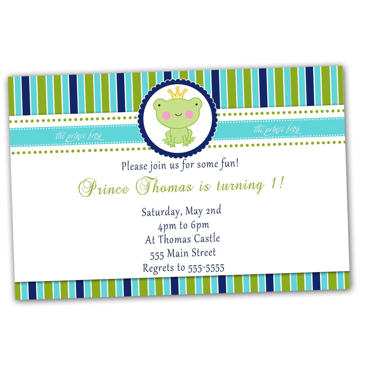 Printable Personalized Prince Frog Birthday Party Baby Shower Invitation Card - Printing available Boy Kids Cute Stripes Blue Green