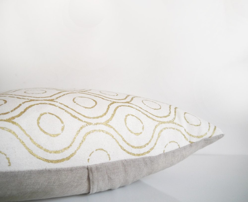 Ivory and gold pillow, Indian pillow, metallic gold print on cream silk cushion cover, throw pillow cover