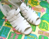 1980s WHITE LEATHER Nicole Peep Toes....size 7.5 women......shoes. heels. wedges. pumps. peep toes. designer vintage. mod. brazil. retro