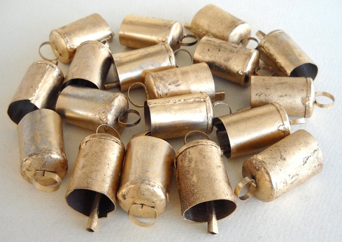 24 Golden Colored Hand Made Cow Bells with Rough Look for Wind Chimes, Altered Art -with Jute Rope - DIY - MV105