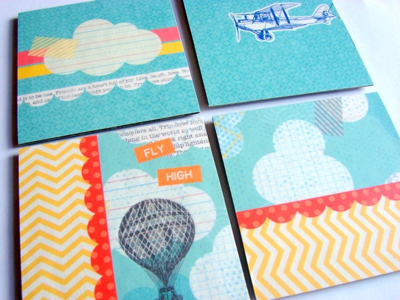 Coaster Set - Fly High Hot Air Balloon Airplane and Clouds - Small Paper Chipboard Decoupage Collage Drink Bar Tea Beverage Coffee