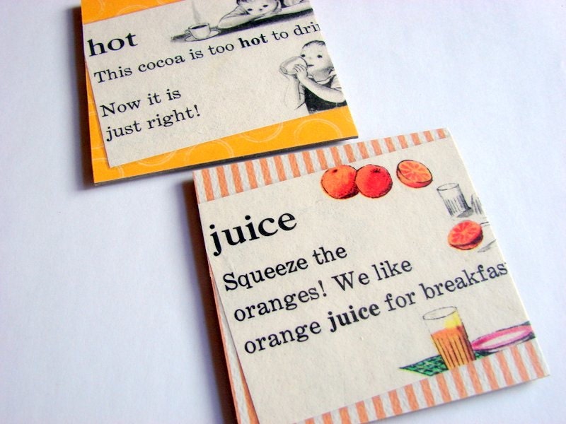 Coaster Set - Hot Cocoa And Orange Juice - Vintage Dictionary - Small Paper Chipboard Decoupage Collage Drink Bar Tea Beverage Coffee