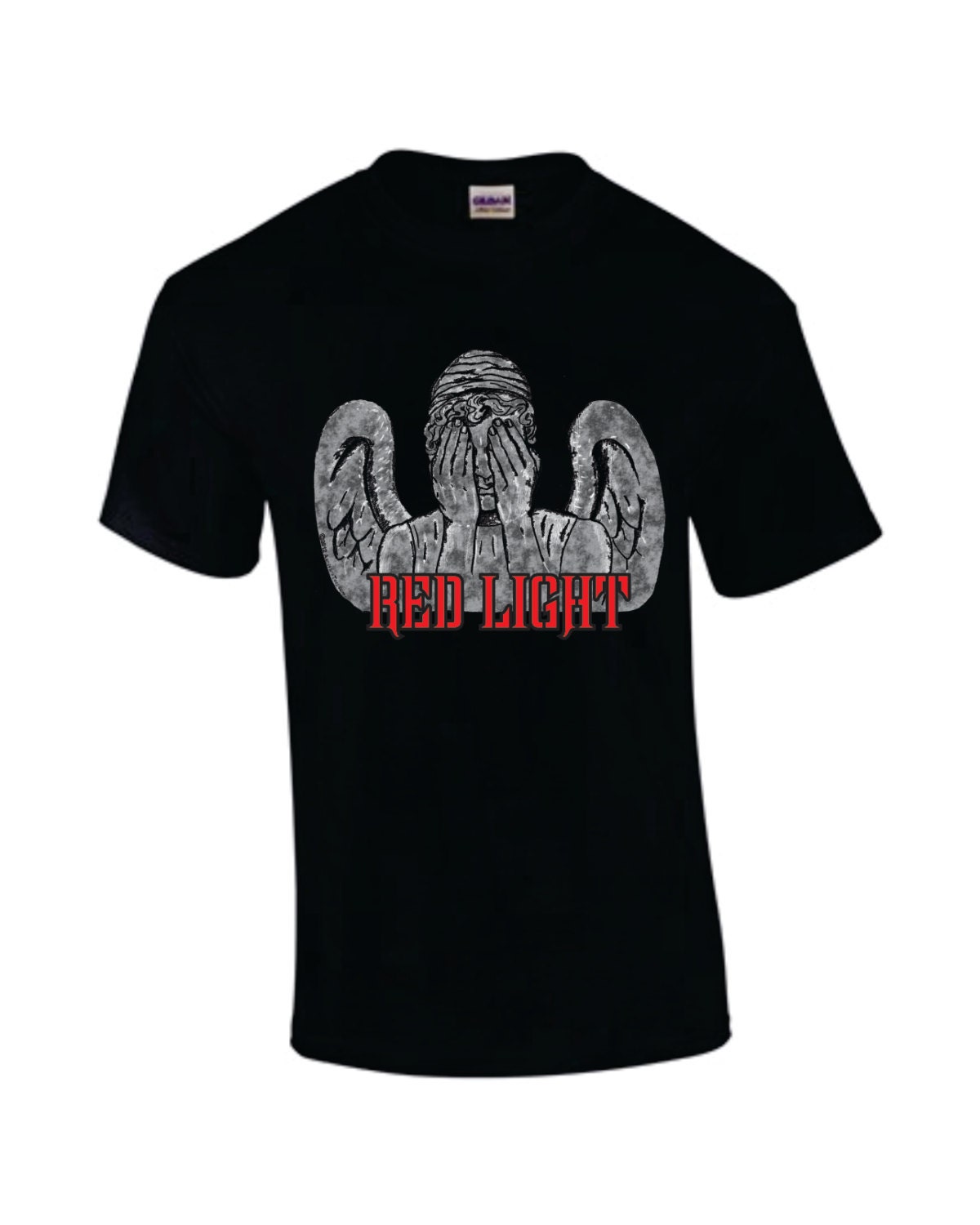 Weeping Angel tee "Red Light/Green Light" Front and Back Hand-printed
