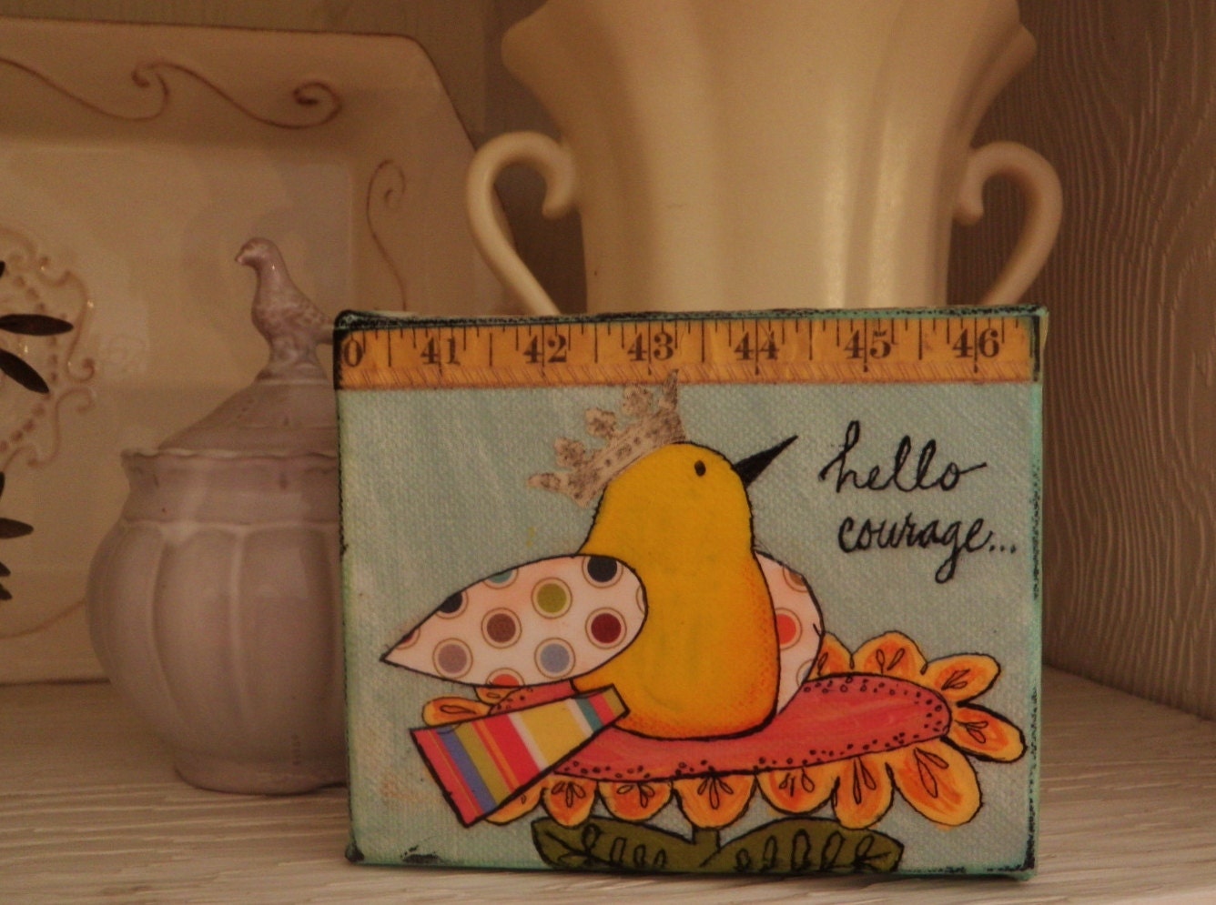 Hello Courage, birdie, blue, turquoise, for her, girlfriend,cancer survivor, cute, mixed media, inspirational