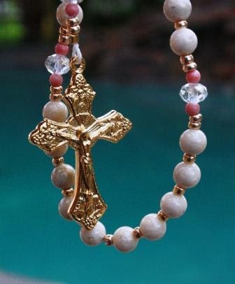 Baptism Rosary in Creamy Riverstone Crystals & Miraculous Medal Center