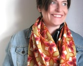 Spring Cotton Snood Scarf - Mid Century Modern Ikat Print : Triquetras in Burnt Orange, Red, and Tan