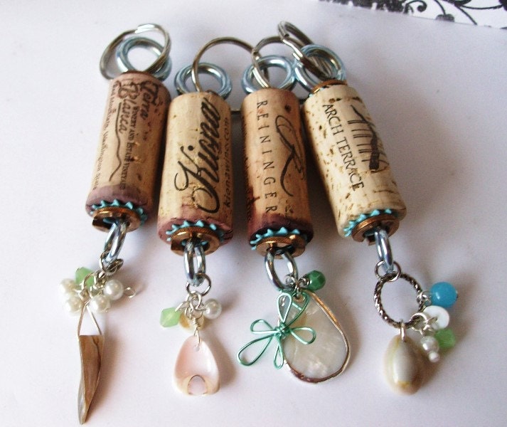 Wine Cork Key chains group of four Beach themed charms for you and your friends