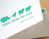 letterpress birthday card in turquoise Hippo Birdy Two Ewes - quirky fun animal card. 100% cotton card, kraft envelope envelope
