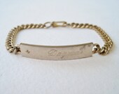 Vintage 50s Mid Century Traditional Gold Tone Dagmar Engraved Cursive Name ID Monogram Clear Rhinestone Starburst Curb Chain Bracelet