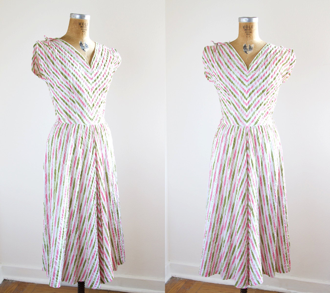 1950s Dress - 50s Dress - Pink And Green Striped Dress