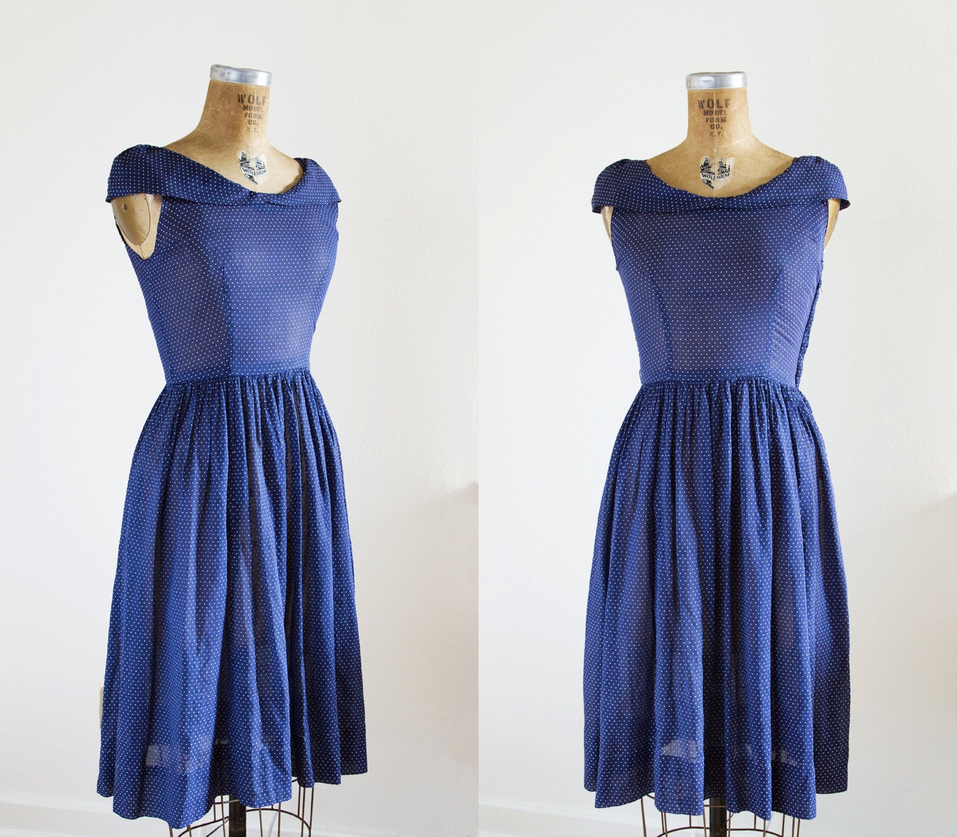 1950s Dress - 50s Dress - Navy Blue Swiss Dot Dress Jonathan Logan