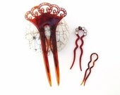 Rhinestone Hair Pins, Vintage Hair Combs, Celluloid Hair Comb / Retro Hair Clips / Caramel / Brown