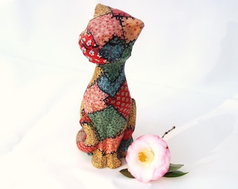 Calico, Cat Statue, Door Stop, Patchwork, Masonry, Concrete Garden Art / Yellow / Pink / Blue / Red