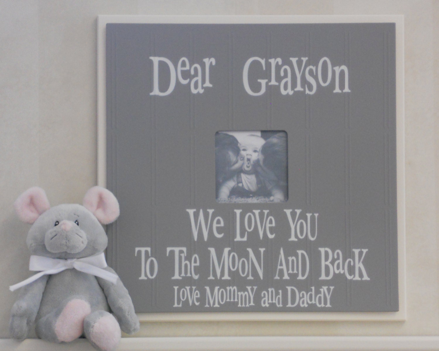 Gray Baby Boy Nursery - Love You To Them Moon - Personalized Name Frame - Custom Photo Frame Wall Decor