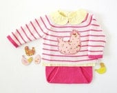 Knitted striped sweater and diaper cover in pink with chicken. 100% cotton. READY TO SHIP size newborn. Easter.
