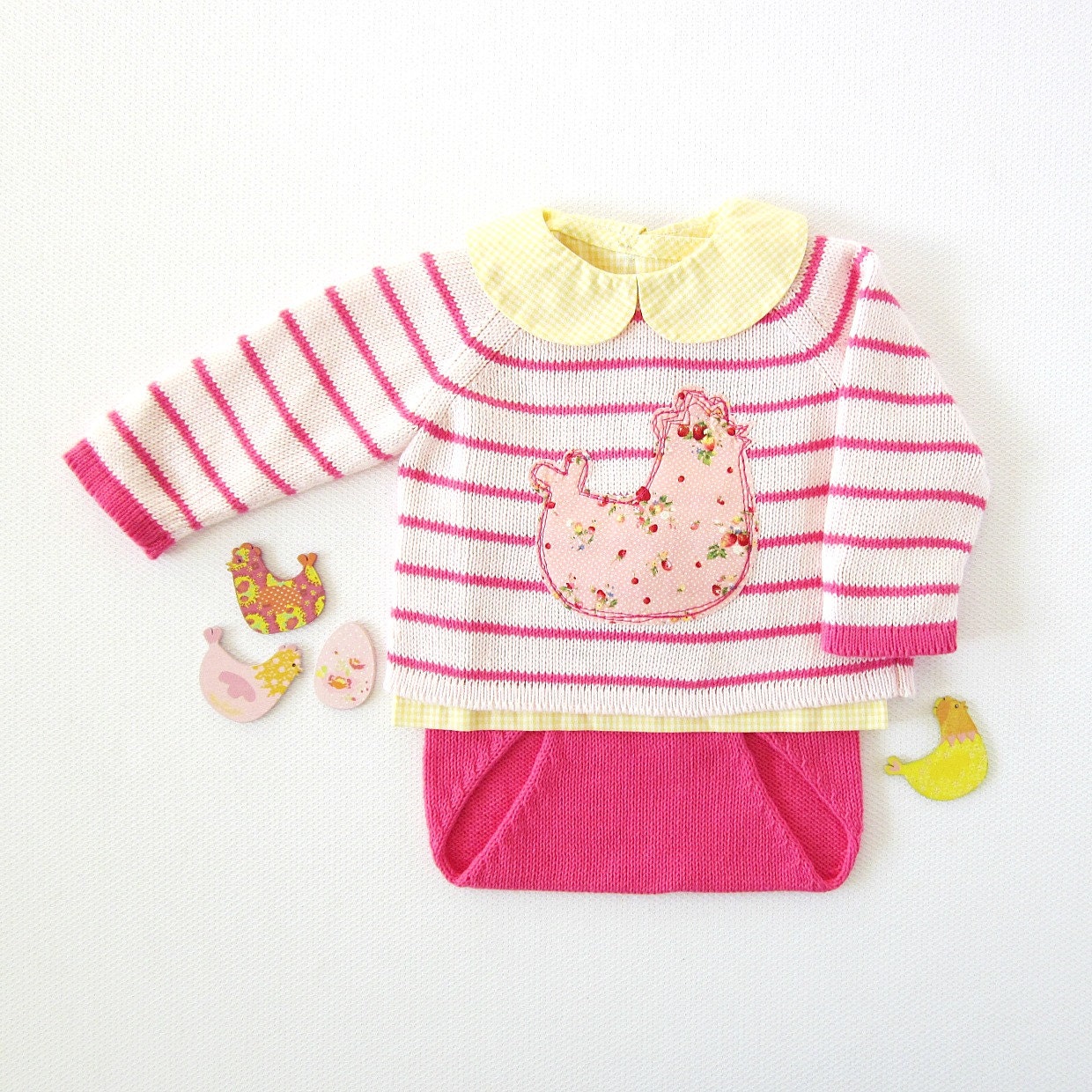 Knitted striped sweater and diaper cover in pink with chicken by Tenderblue