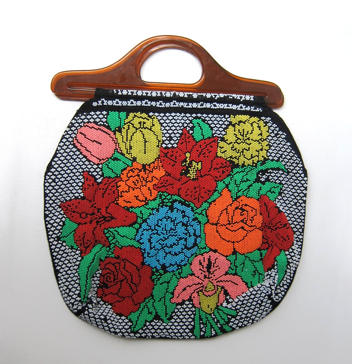 Vintage 1960s boho hippie plastic bead floral tote