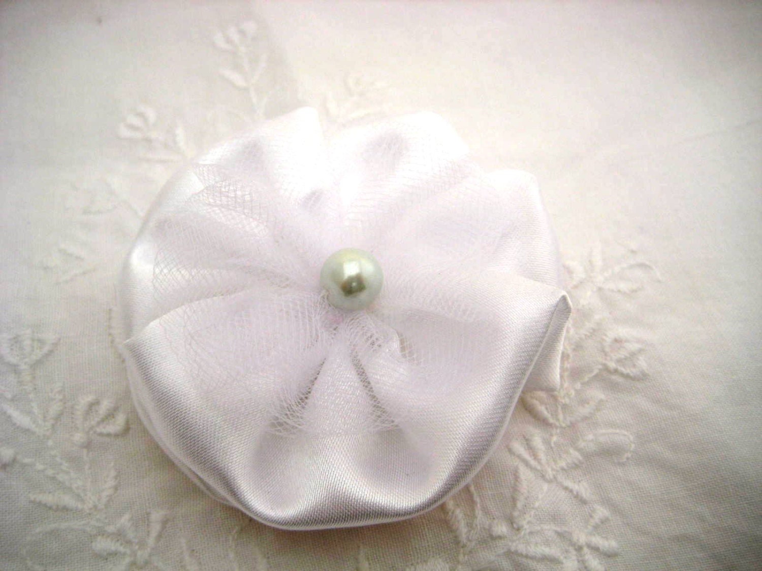 White Hair Bow -  Elegant Satin Fabric Hair Bow with Pearl Center - Wedding Accessory