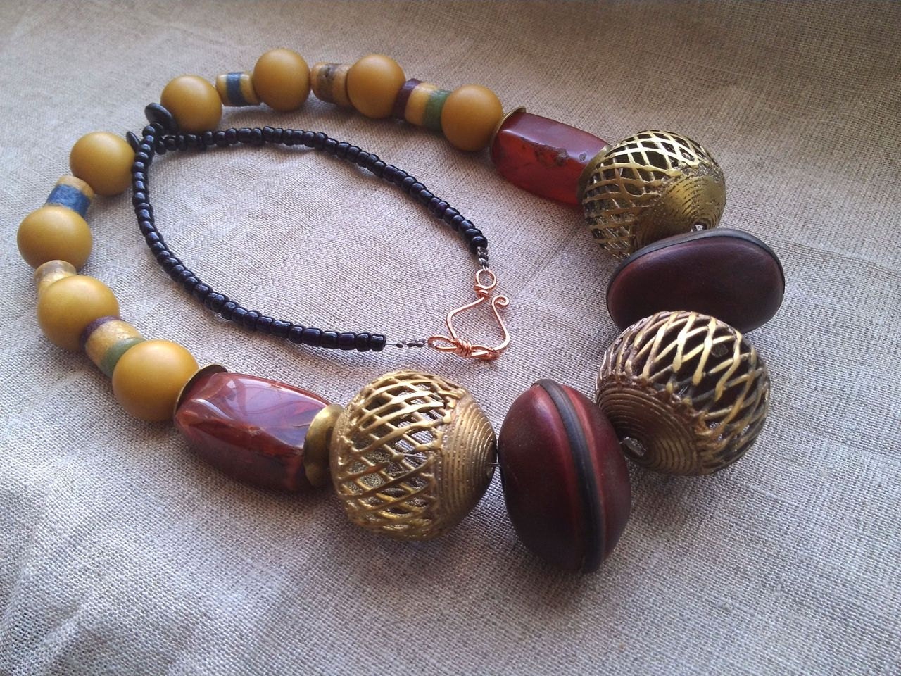 ENAGNON African Gemstone Carnelian Agate brass Krobo glass Mucuna seed Necklace by Fianaturals