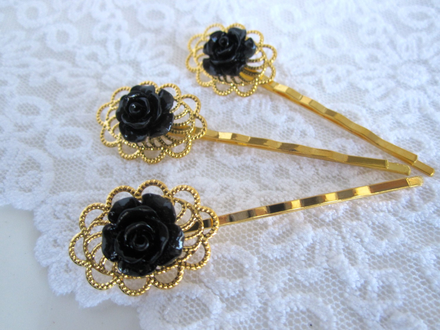 Black Flower Hair Pins Wedding Hair clips Hair accessories Bride Bridesmaids hair clips Flower Girl gift Golden Filigree set of 3.