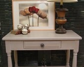 Reclaimed Broyhill Tudor Turned Gray Painted Lime Washed Desk Table (HAI)  Call for Ship Quote