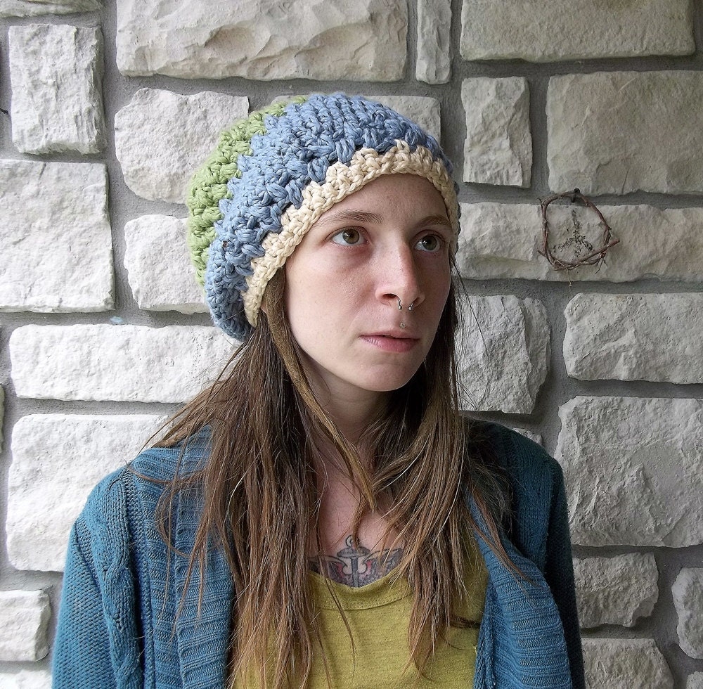 Crochet Slouchy Beanie in Organic Cotton / green, blue, earth / eco friendly hippie beanie hat