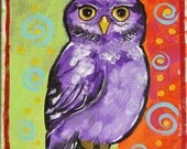 Original Acrylic Purple OWL PAINTING  - Boy Girl Children's Room Nursery - Funky ART - Ready to hang