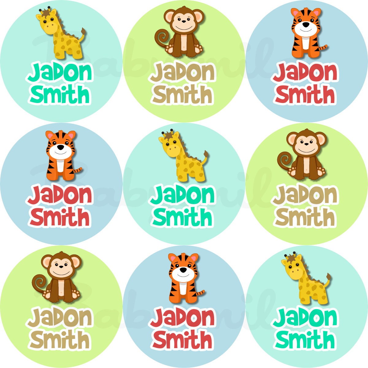 48 Personalized Waterproof Name Label Stickers - Happy Safari - Perfect for Bottles, Cups, Bowls, School, Daycare