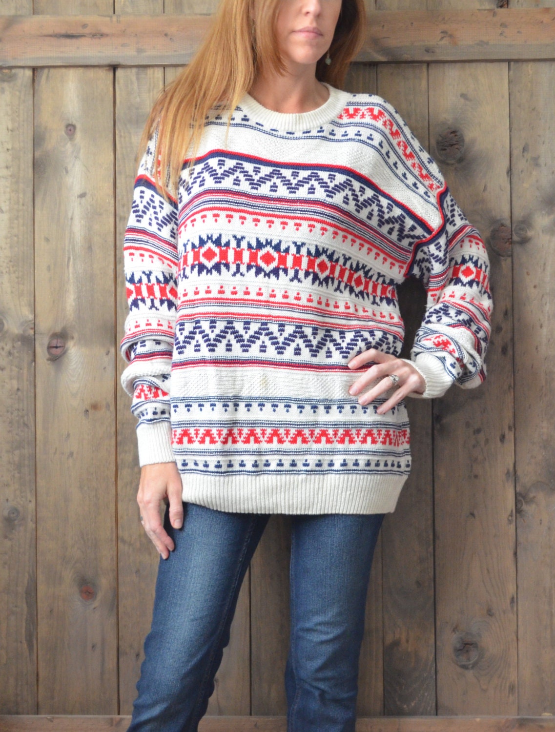 Vintage 80s red white blue geometric native american pattern sweater/ boyfriend sweater/ Large