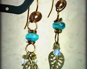 Caribbean Blue Picasso Finish Bead,  Brass Earrings w Moon Stone & Leafs Charms, Hand Crafted Ear Wires