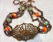 Orange & Green Sherbert Chunky Vintaj Brass Lacy Filigree Bracelet - Shiney Copper Chains