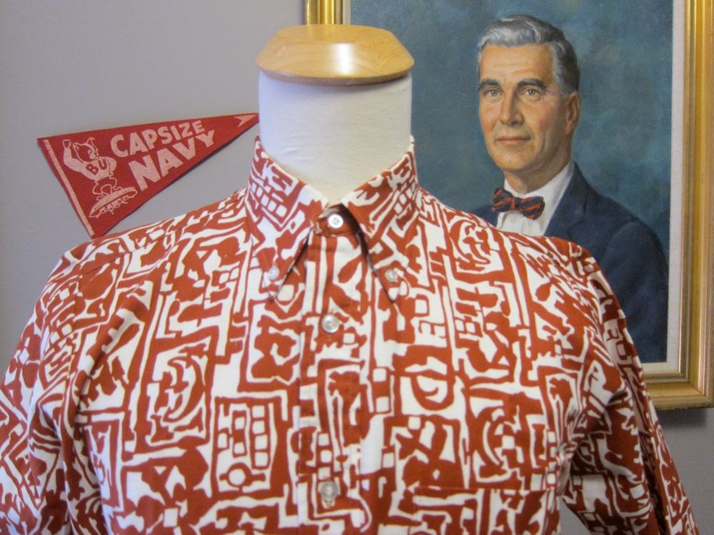 UNWORN 1960s Abstract Tropcial Print Linen Button Down Shirt Medium 15.5 by Arrow Cum Laude