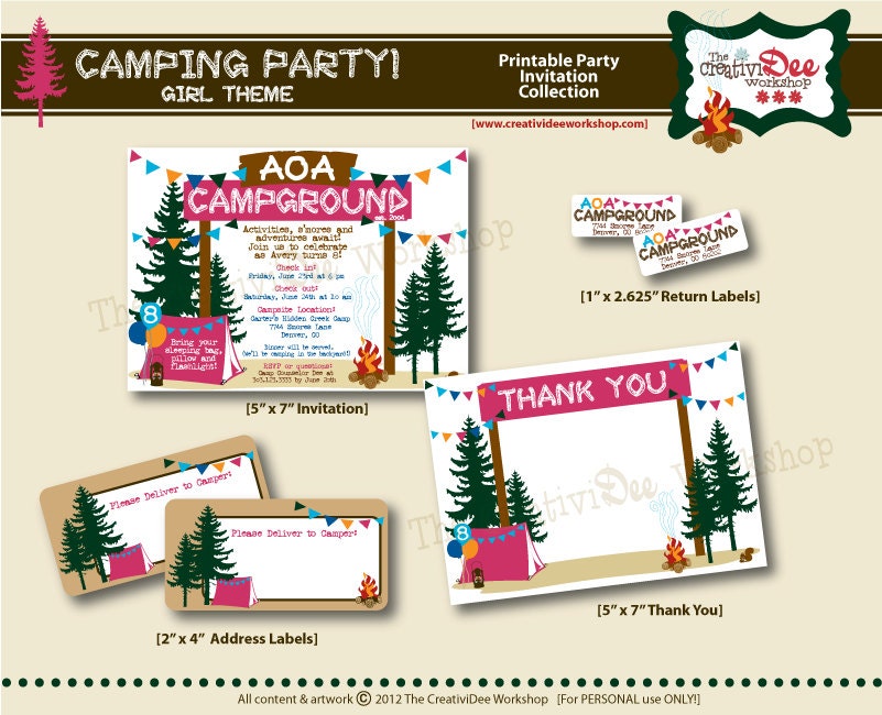 Camping Party - Girl Theme- Printable Invitation, Thank You, Address and Return Labels