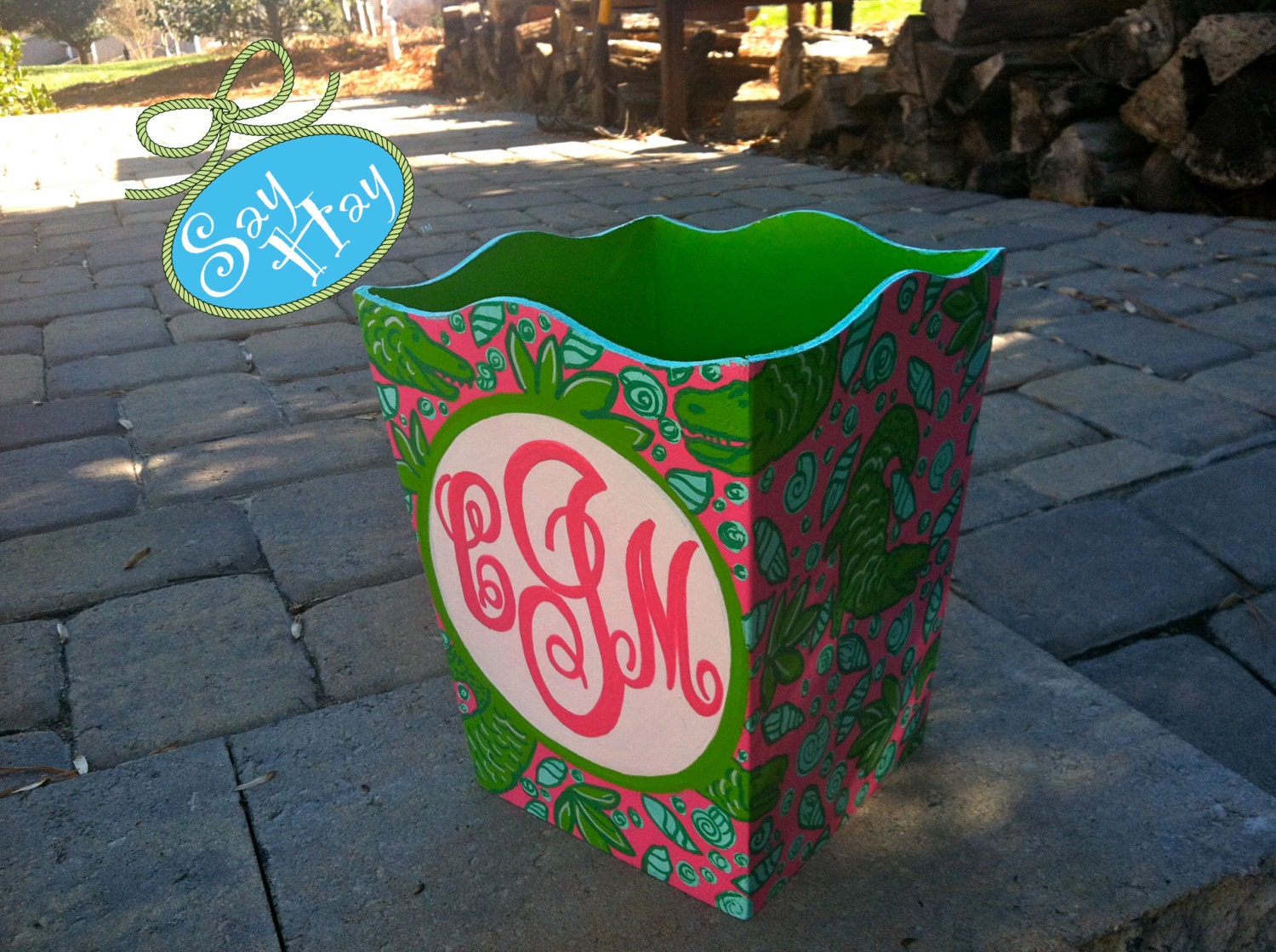 Hand-painted Monogram Wastebasket inspired by Lilly Pulitzer or other print