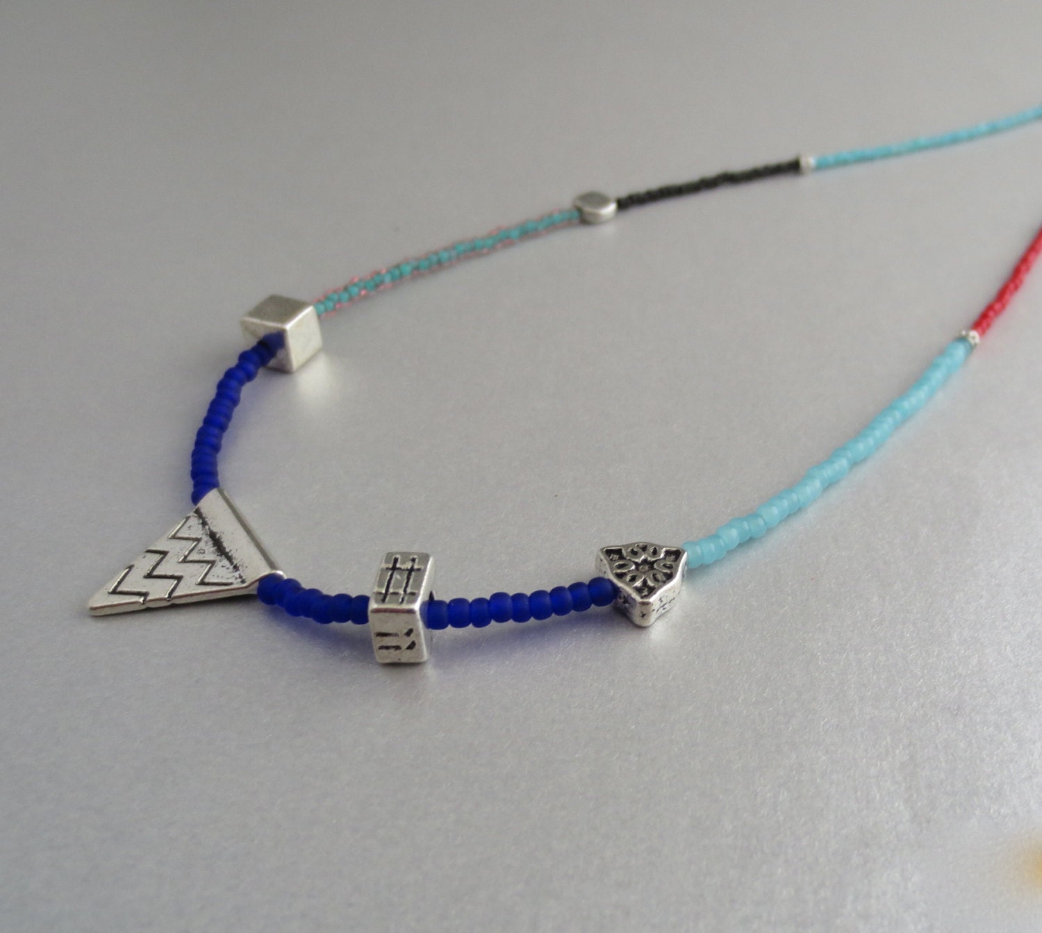 Arequipa - Long Color Block Miyuki Glass Seed Bead Geometric Necklace Aztec Necklace Cobalt Blue Red Black Turquoise