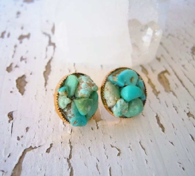 Turquoise Cluster Stud Earrings No.015 - Raw Gemstones - December Birthstone