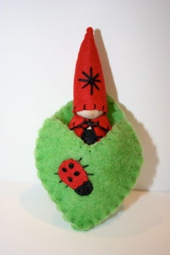 Red ladybug felt gnome green leaf pocket pouch Waldorf inspired flower fairy elf sprite nature table play doll