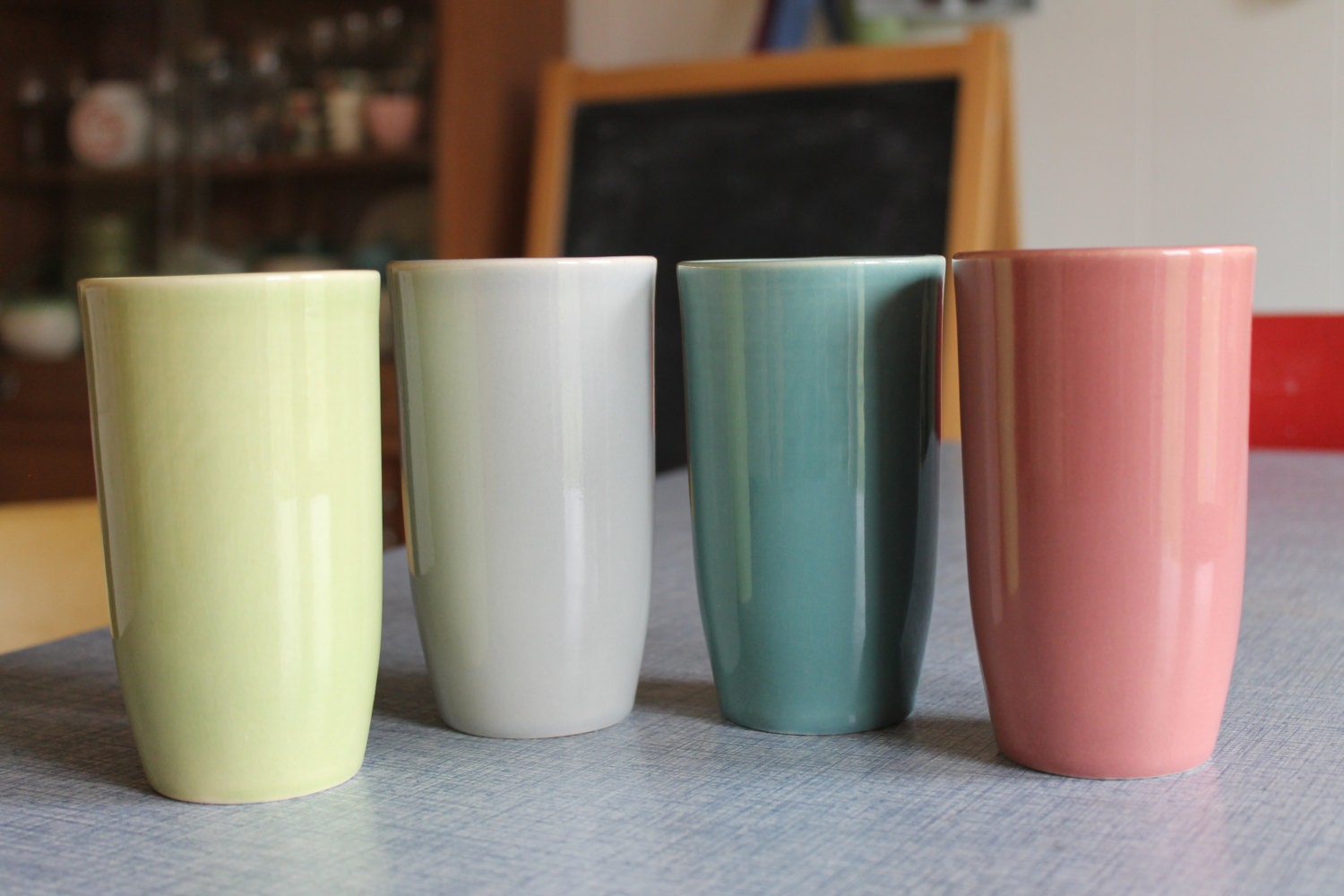 Vintage Set of 4 Ceramic Tumblers  Pink, Grey, Lime Green, Teal Blue  RETRO Nice