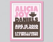 Owl Birth Announcement Art Print (8x10) - FREE SHIPPING